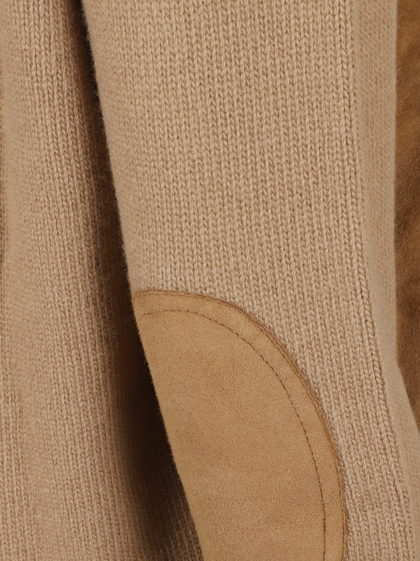 Prada Relaxed Fit Camel Sweater With Deep V-Neck And Suede-Like Accents