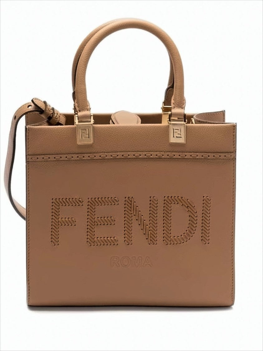 Fendi Textured Leather Tote Bag With Stitched Logo