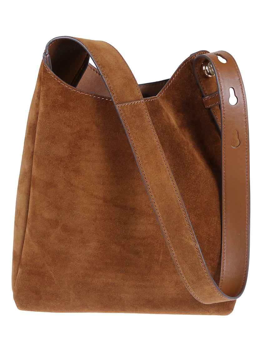 Tory Burch Structured Caramel Suede Bag With Hook Closure