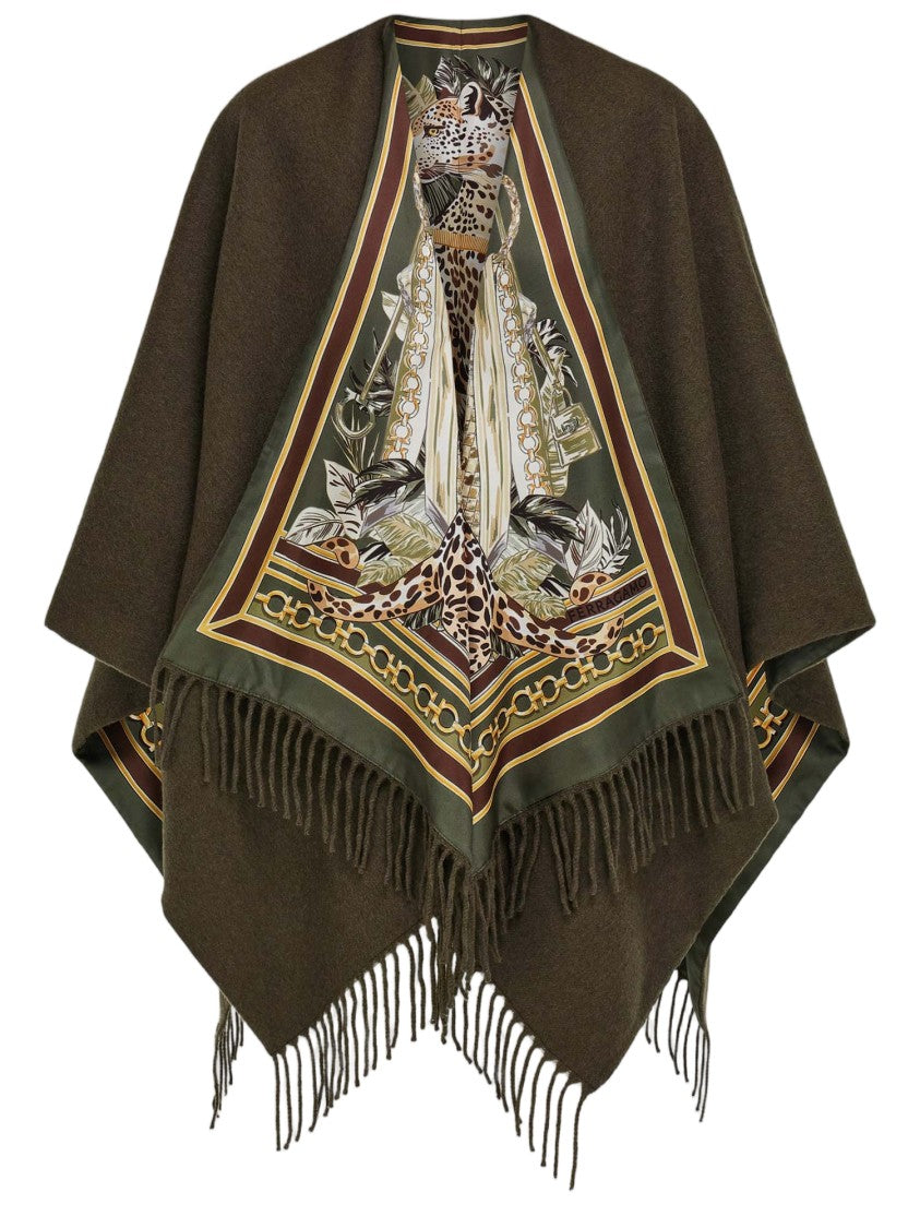 Salvatore Ferragamo Cashmere Blend Cape With Fringed Edges And Intricate Silk Lining