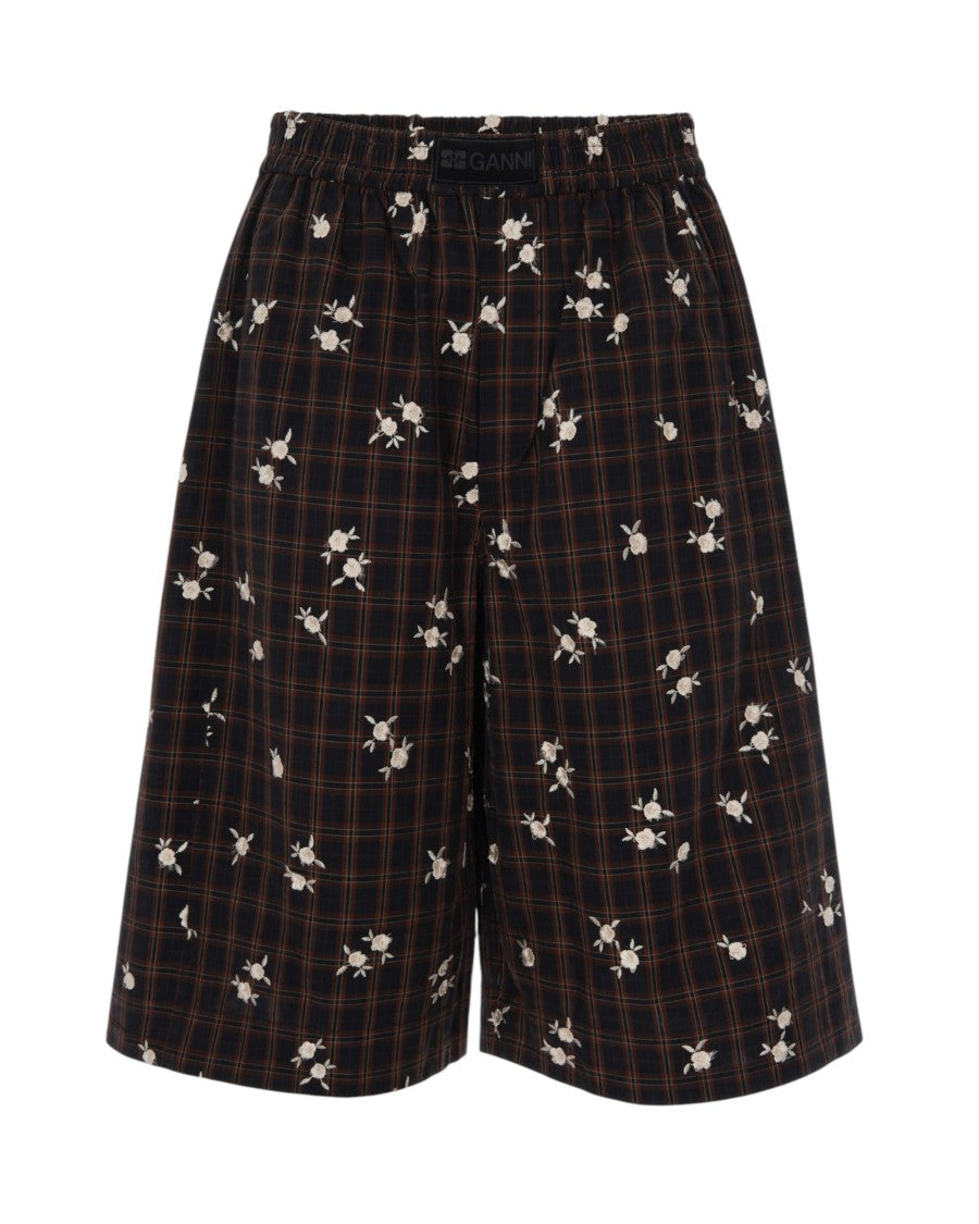 Ganni Bermuda Check Flower Shorts With Elastic Waistband