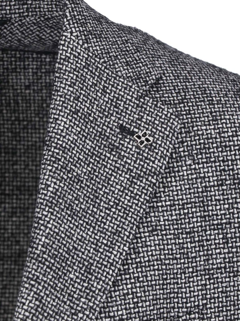 Tagliatore Textured Black And White Wool Blend Blazer With Classic Lapels