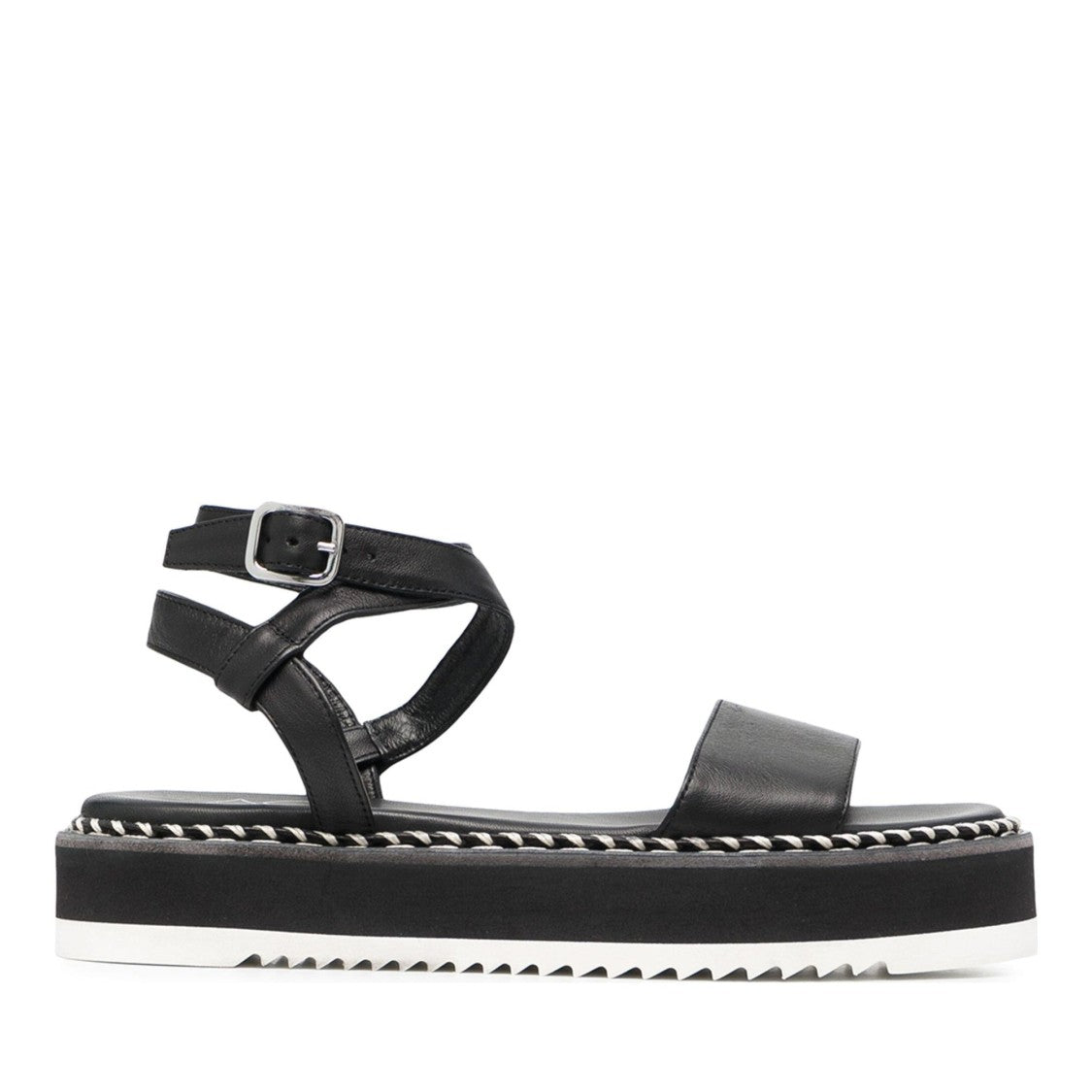Agl Black Myrte Leather Braided Trim Sandals