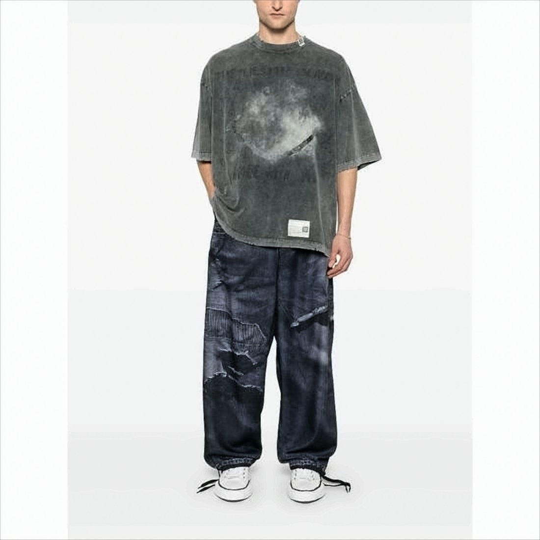 Maison Mihara Yasuhiro Washed Charcoal Grey Oversized Tee With Distressed Graphics