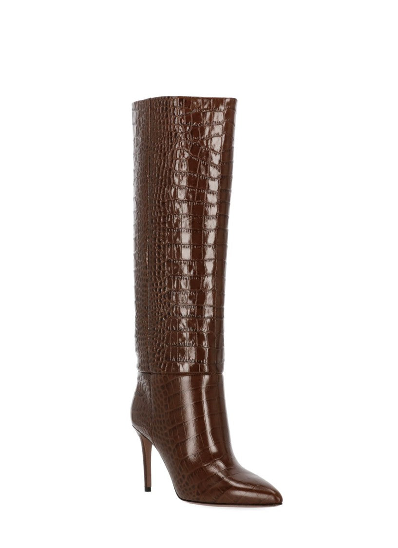 Paris Texas Mid-Calf Brown Crocodile-Effect Boots With Arrow Toe