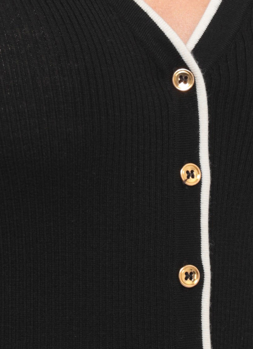 Elisabetta Franchi Fitted Black Ribbed Wool Sweater With Gold Button Accents