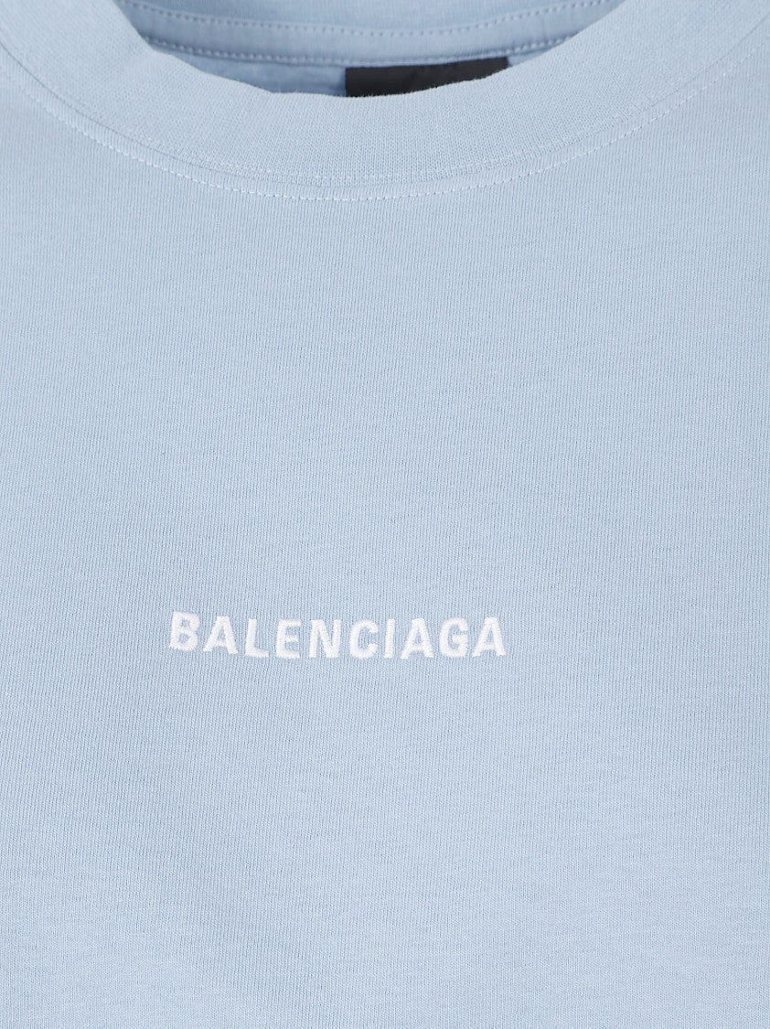 Balenciaga Pastel Blue Cotton Jersey T-Shirt With Embroidered Logos