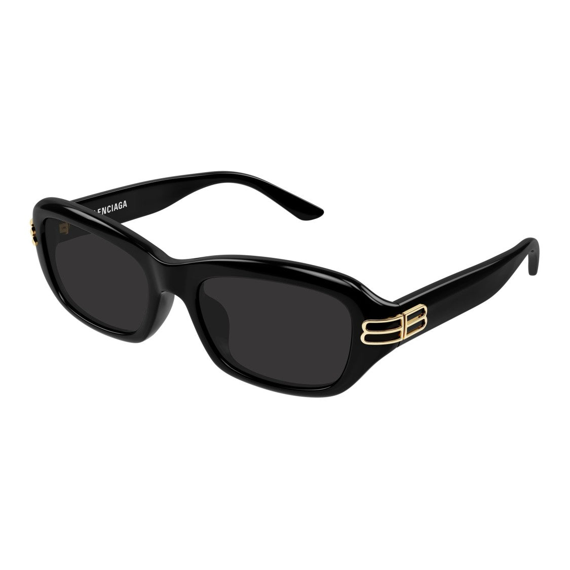 Balenciaga Glossy Black Acetate Rectangular Sunglasses With Gold Double 'B' Logo