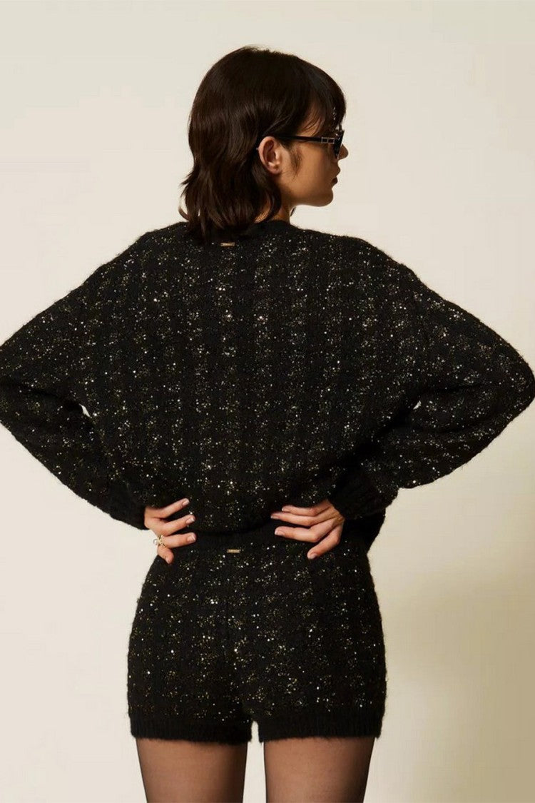 Twin-Set Black Polyester-Alpaca Blend Sparkle-Textured Shorts
