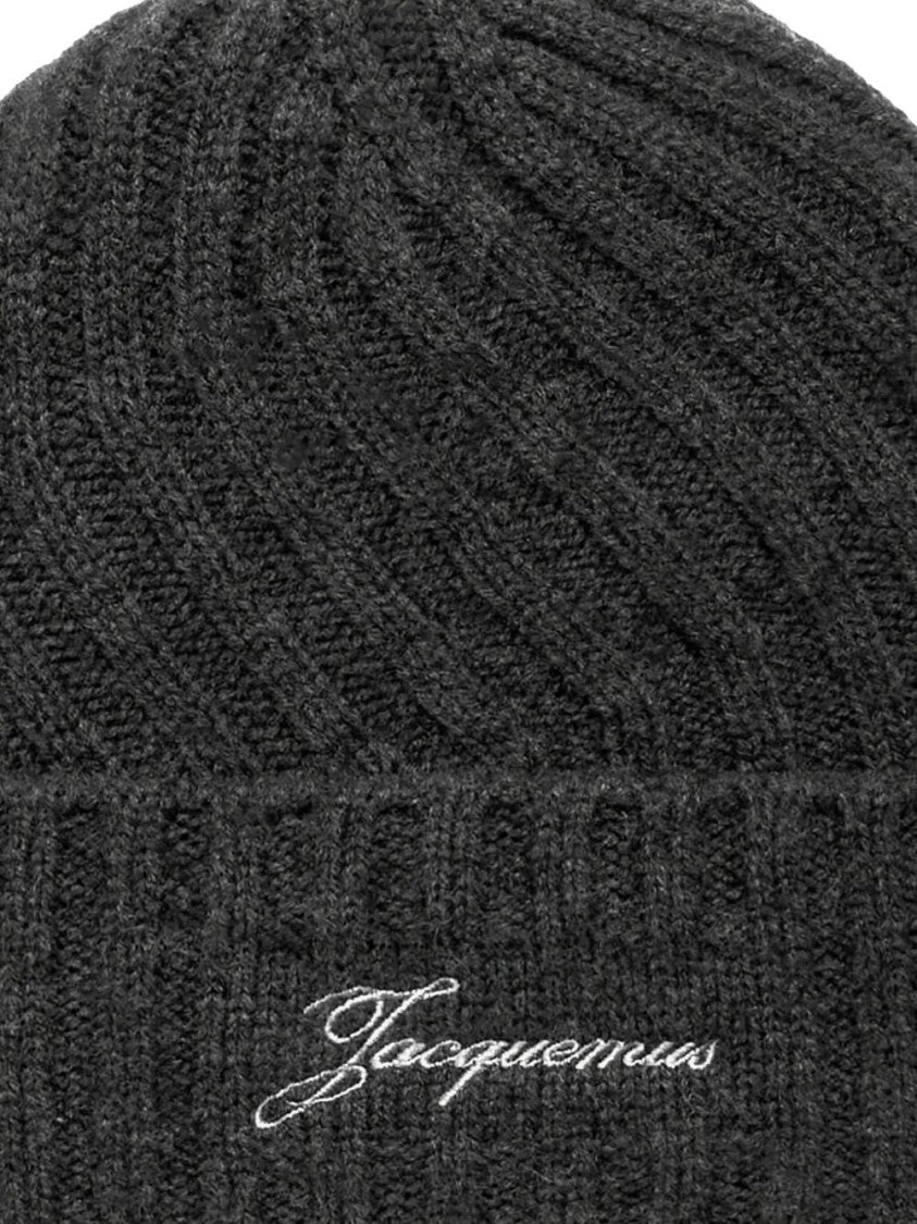 Jacquemus Dark Grey Ribbed Knit Embroidered Hat