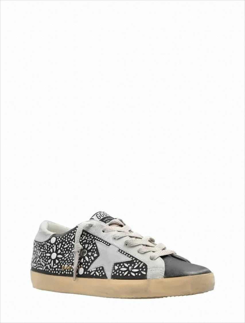 Golden Goose Black Leather Low-Top Sneakers With Floral Cut-Out Design