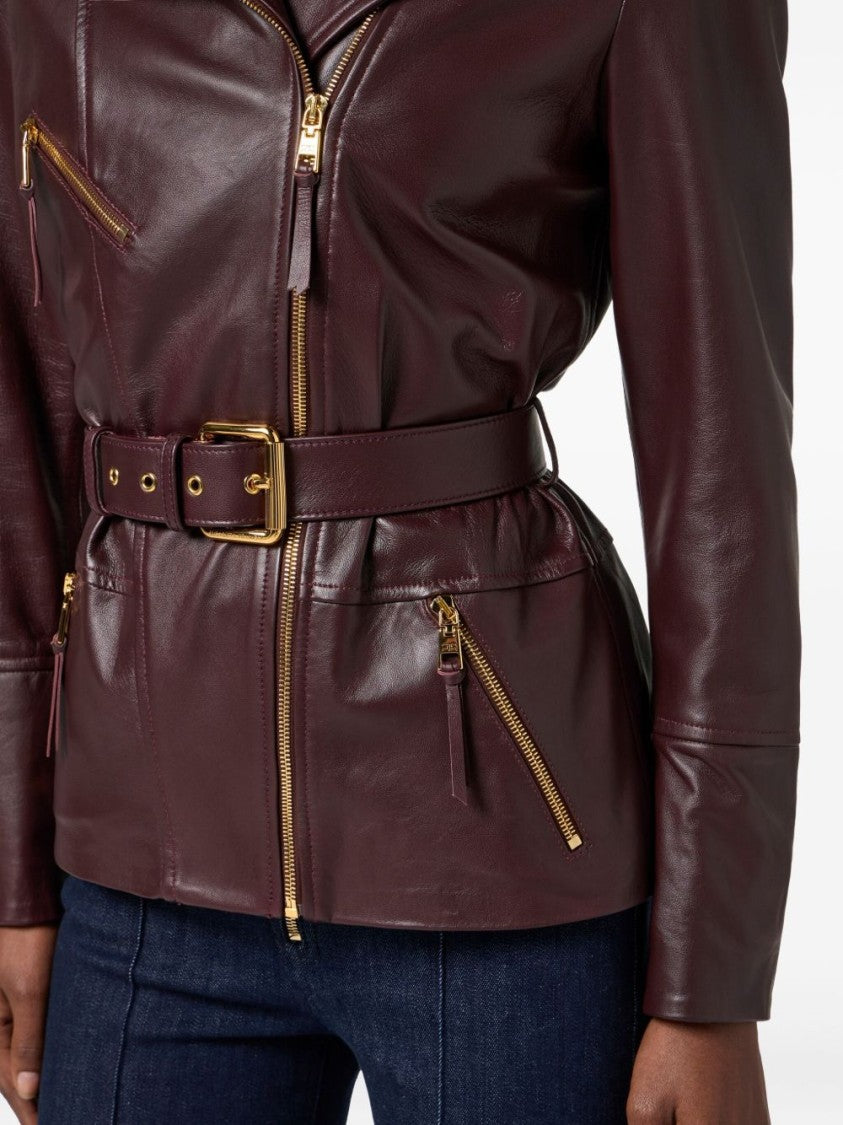 Elisabetta Franchi Belted Burgundy Lamb Leather Jacket
