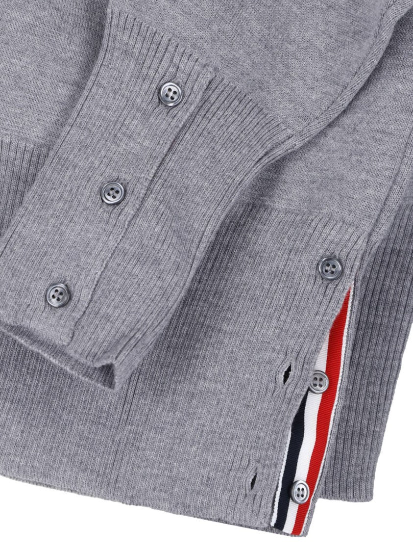 Thom Browne V-Neck Grey Cardigan Sweater With Button-Down Front And Signature Stripes