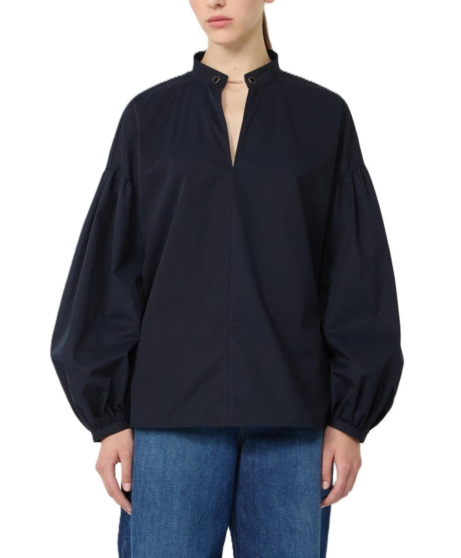 Max Mara Balloon Sleeve Top With Stand-Up Collar And V-Neckline
