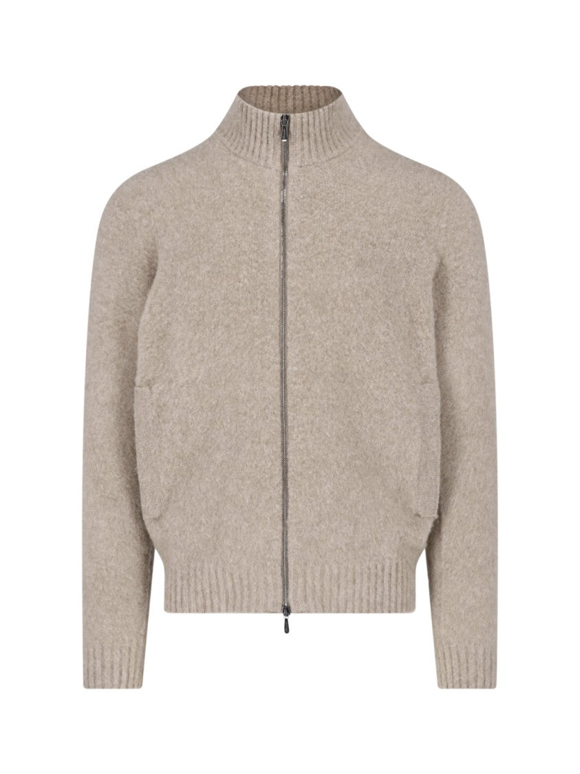 Drumohr Beige Wool Ribbed High Collar Zip-Up Sweater