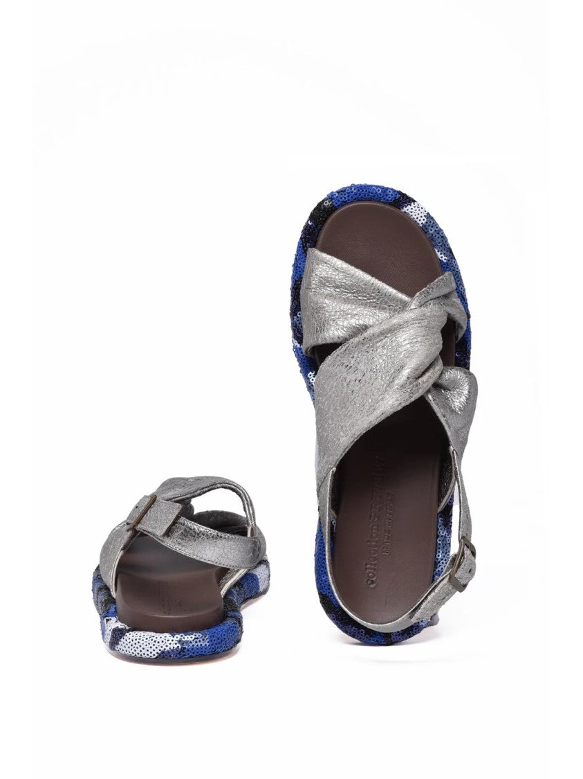 Collection Privee? Beige/Blue Sequined Ankle-Strap Leather Sandals