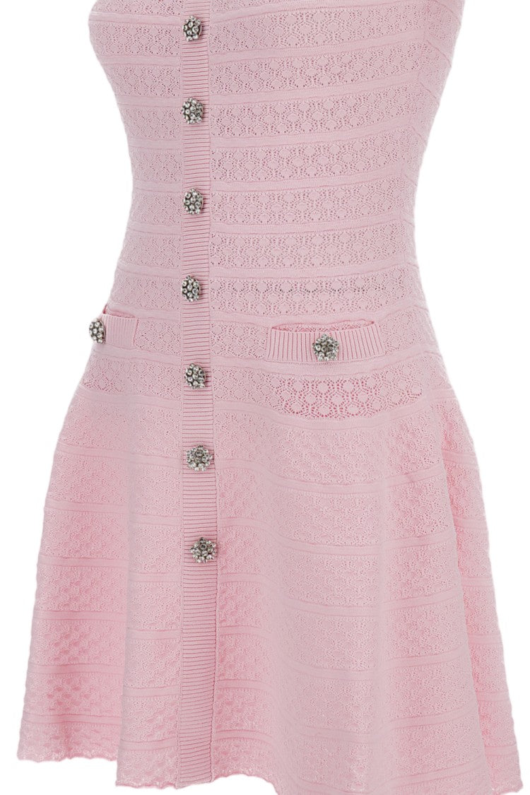 Self-Portrait Pink Pointelle Diamante Knit Mini Dress