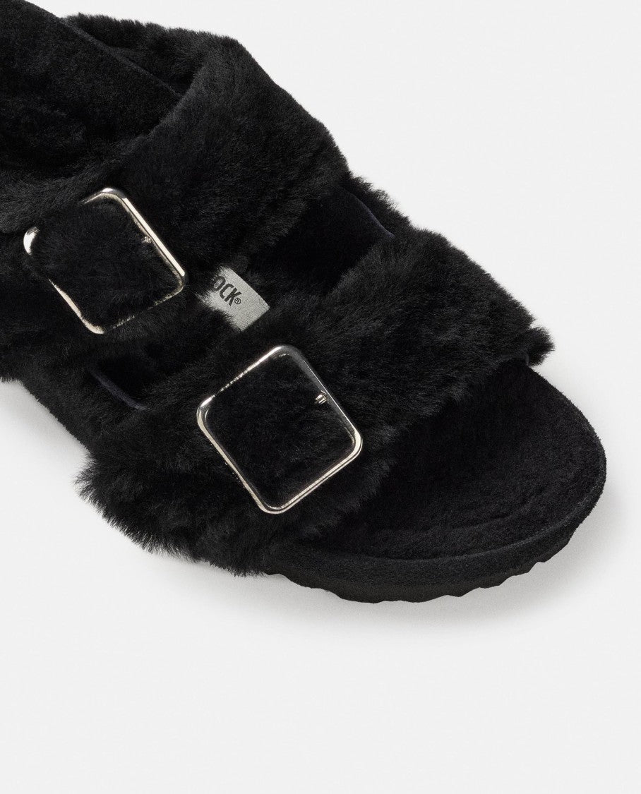 Birkenstock Black Shearling Sandals With Oversized Buckles