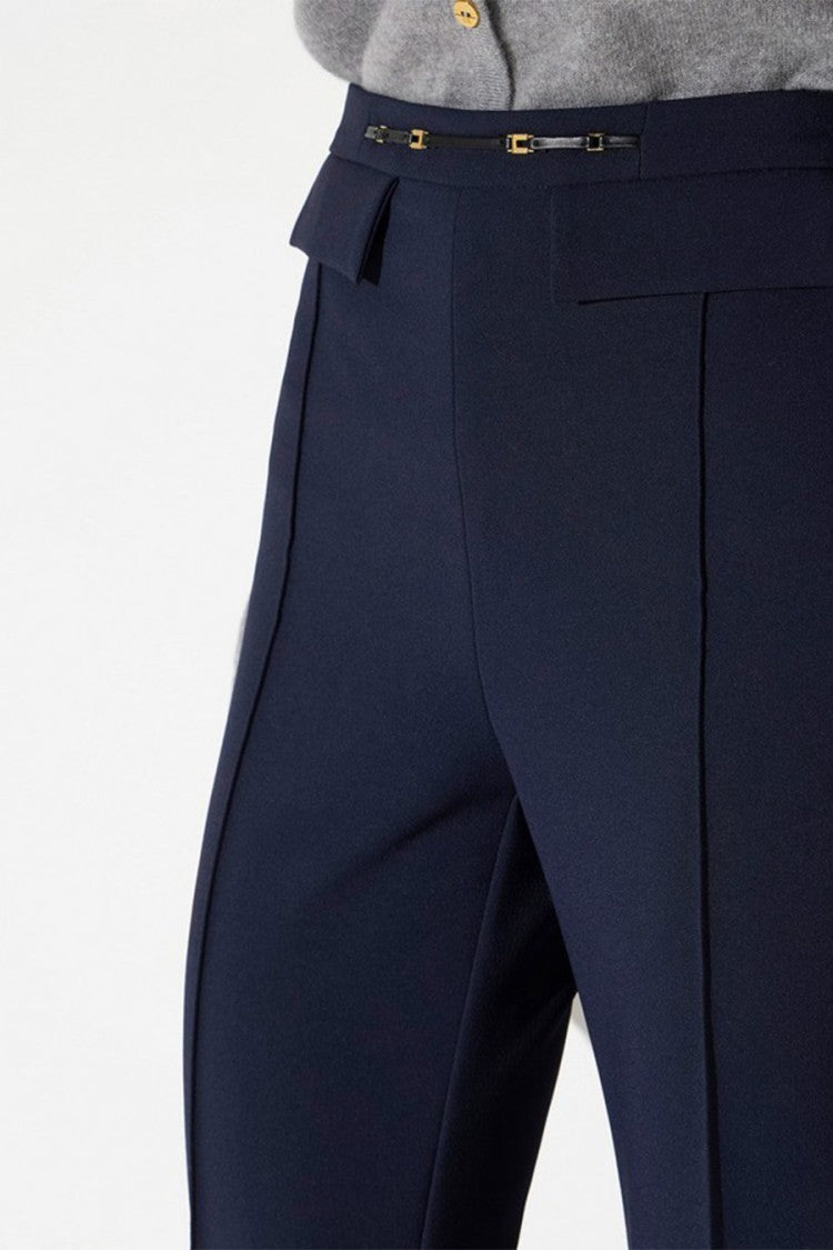 Elisabetta Franchi Navy Polyester-Elastane Blend Buckle-Waist Trousers