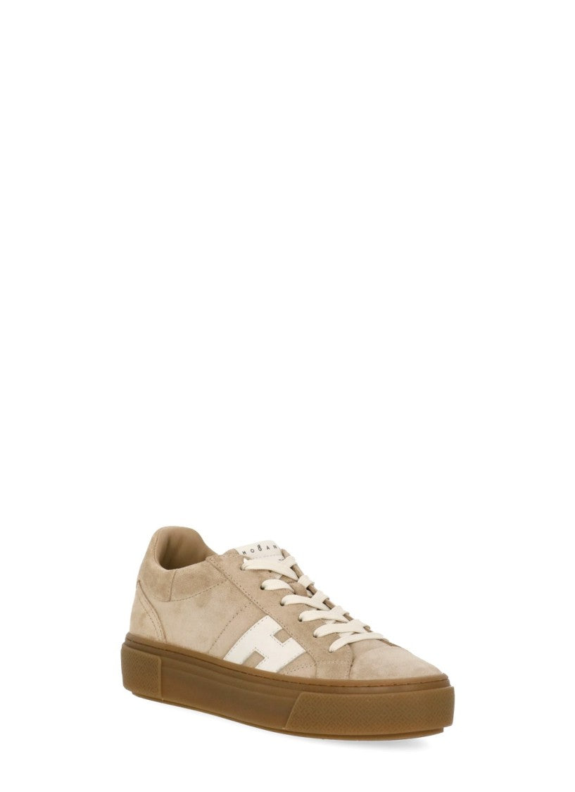 Hogan Beige Suede Low-Top Sneakers With White Leather Logo