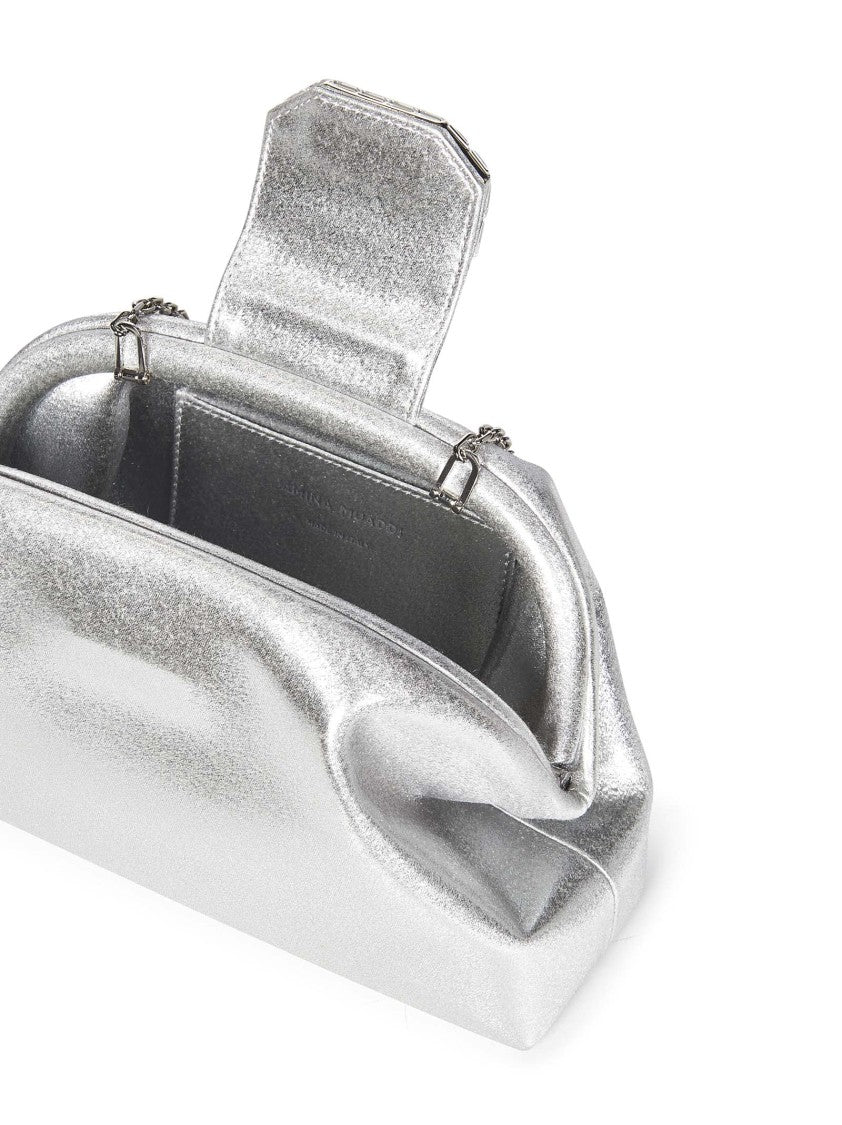 Amina Muaddi Silver Satin Clutch With Rectangular Mirrored Detail