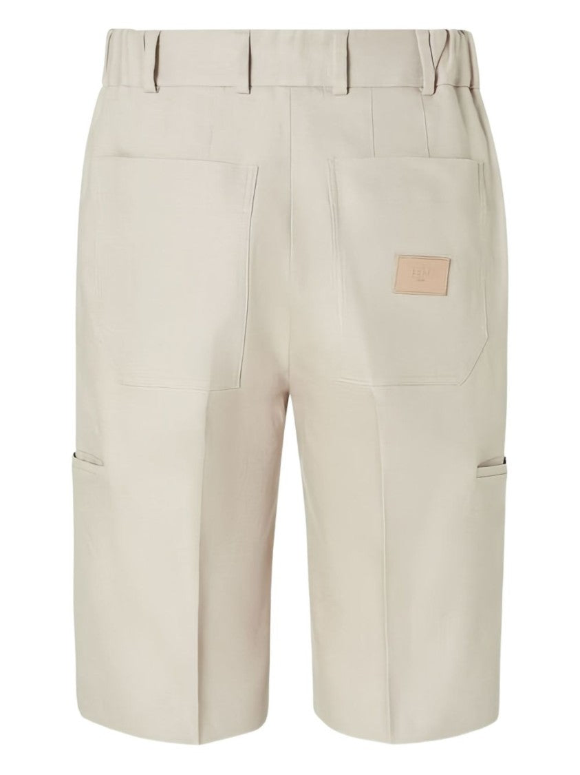 Fendi Linen Bermuda Shorts With Ironed Pleats And Palladium Logo Detail