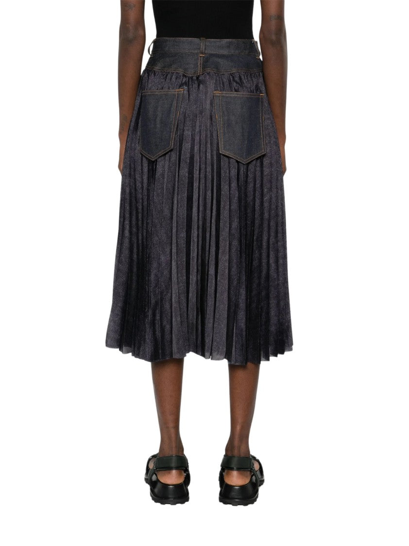 Sacai Pleated Grey Skirt With Denim And Soft Fabric Construction