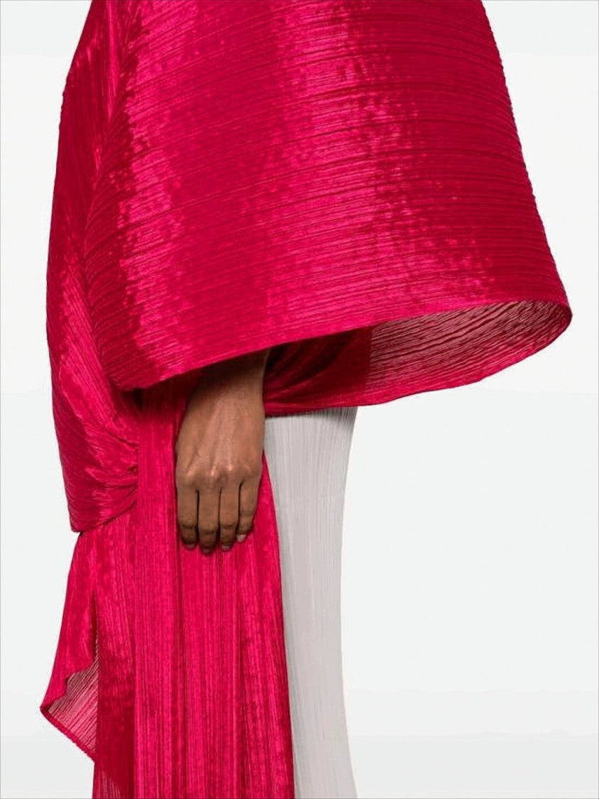 Pleats Please Asymmetrical Red Pleated Cape With Dynamic Silhouette