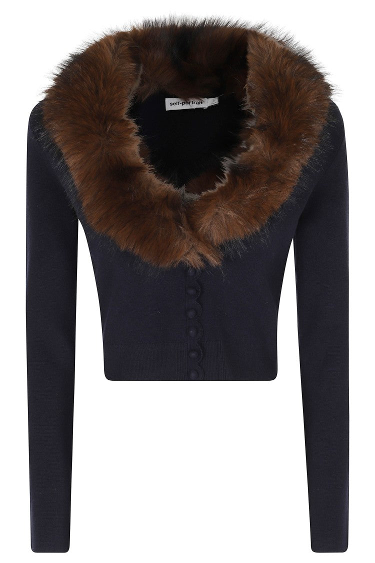 Self-Portrait Blue Faux Fur Trimmed V-Neck Wool-Blend Cardigan