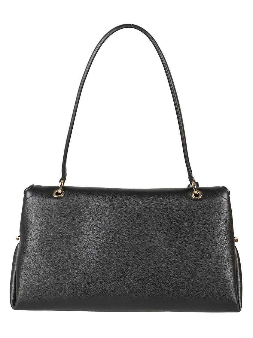 Ferragamo Structured Black Calf Leather Handbag With Gold Accents