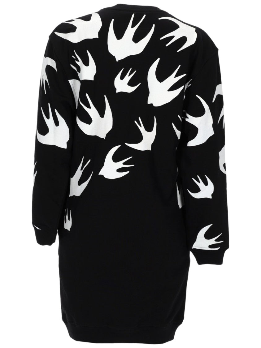 Alexander Mcqueen Relaxed Fit Black Mini Dress With Graphic Bird Print