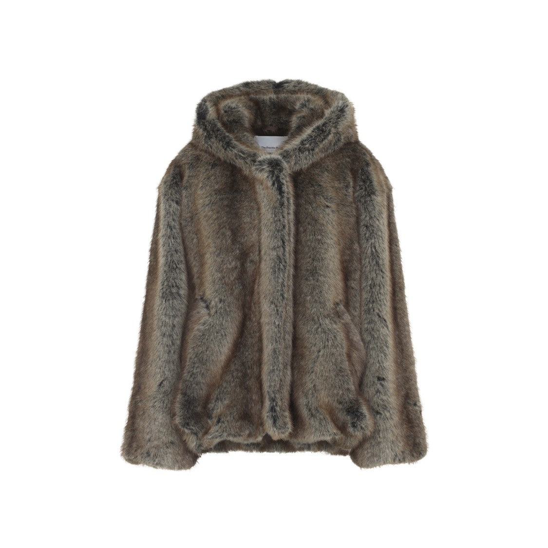 The Frankie Shop Short Brown Faux Fur Jacket With Hood And Gathered Hem