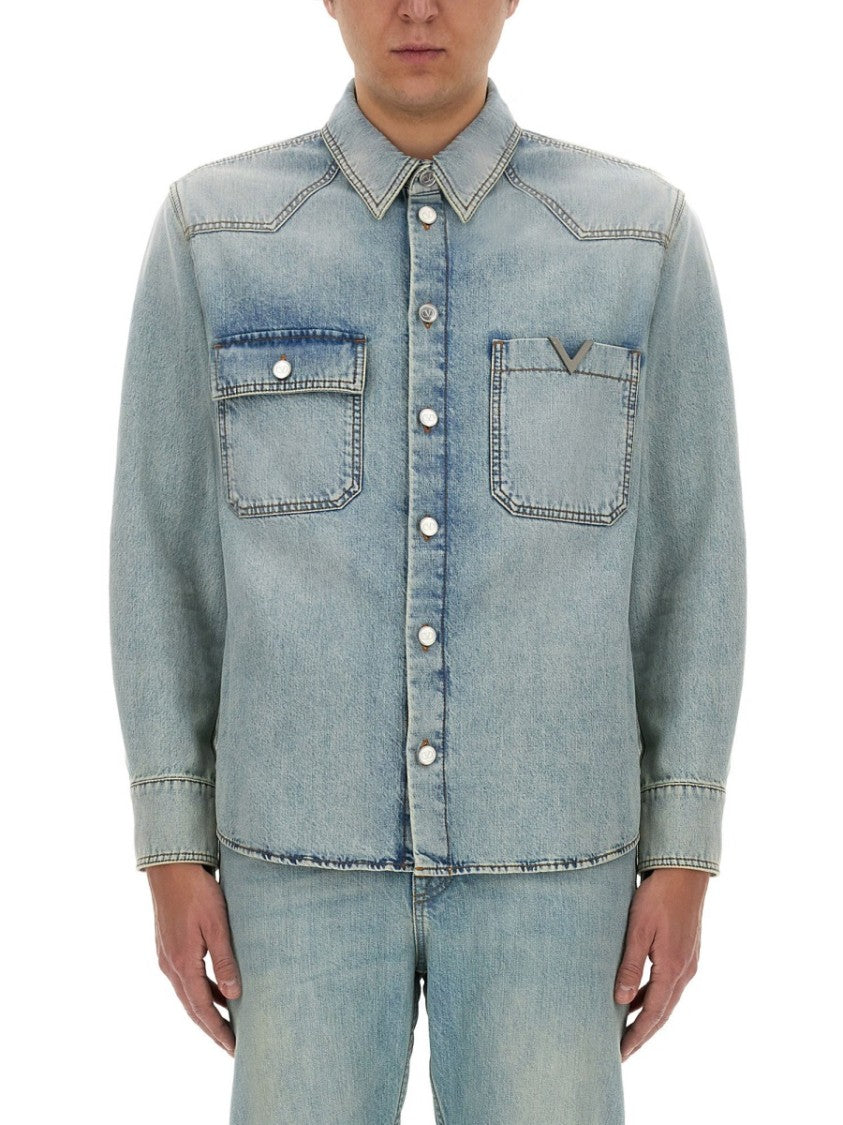 Valentino Classic Button-Up Denim Shirt With Chest Pockets