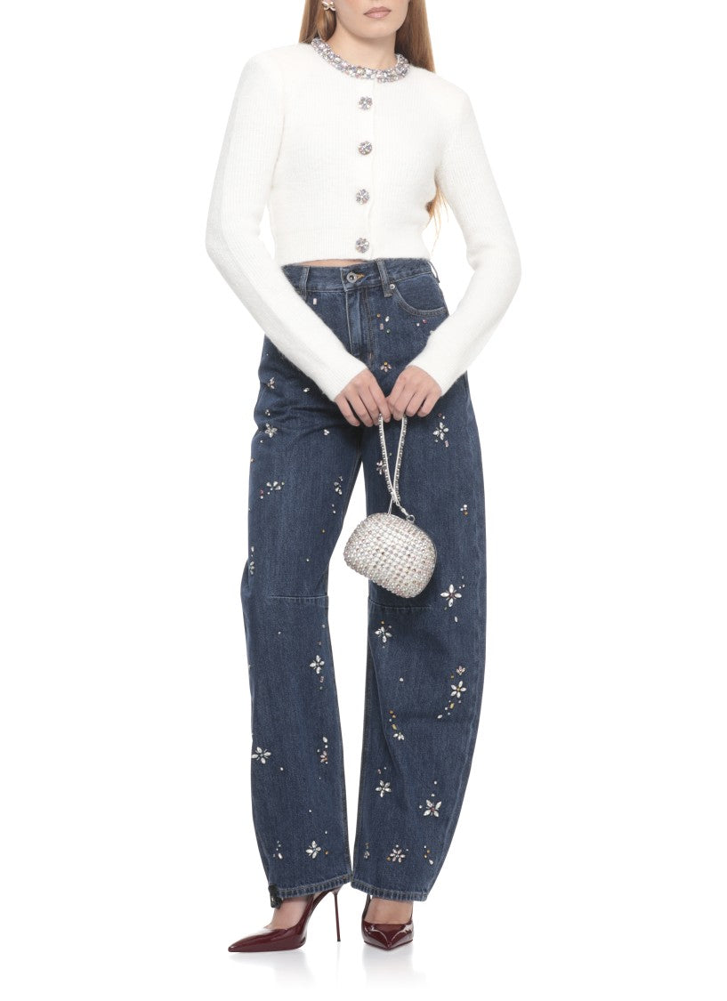 Self-Portrait Cropped Ivory Cardigan With Multicolored Strass Embellishments