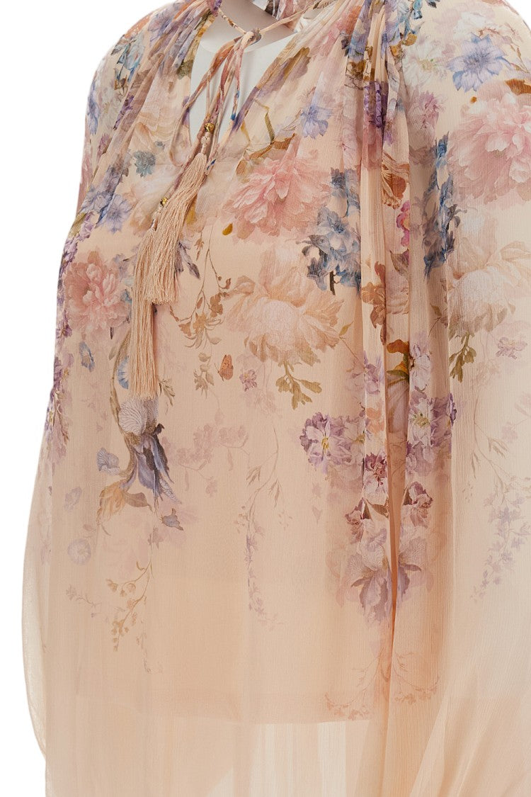 Zimmermann Pink/Floral Floral Valiant Billow Silk Slip-Set Blouse