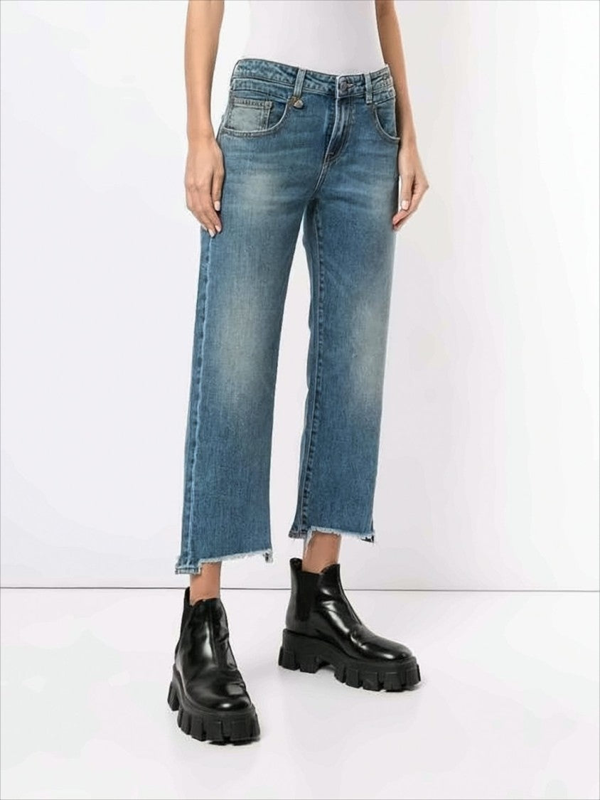 R13 Cropped Relaxed Fit Denim Pants With Flared Legs And Raw Hems