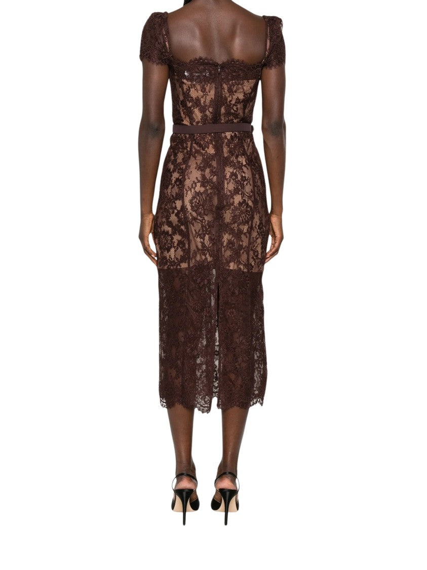 Self-Portrait Brown Lace Scalloped-Hem Midi Dress