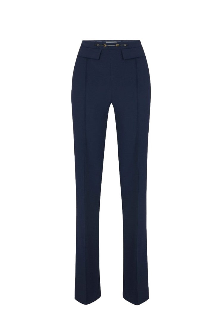 Elisabetta Franchi Navy Polyester-Elastane Blend Buckle-Waist Trousers