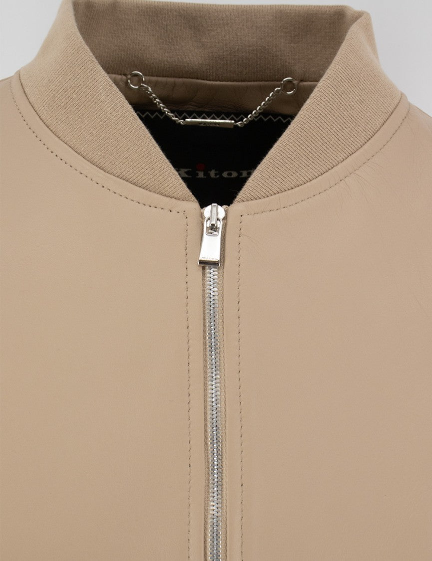 Kiton Modern Leather Bomber Jacket With Ribbed Details