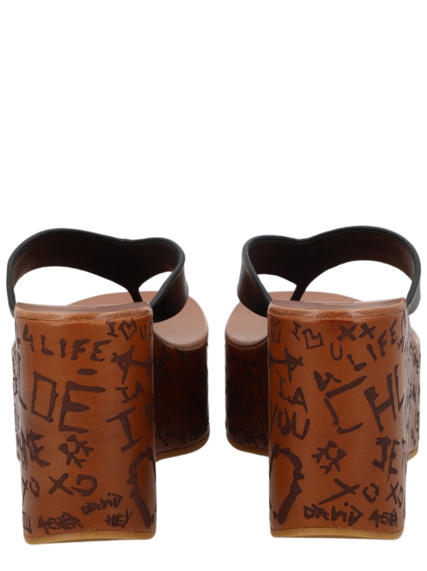 Chloé Maxime Graffiti Black Leather Wedge Sandals