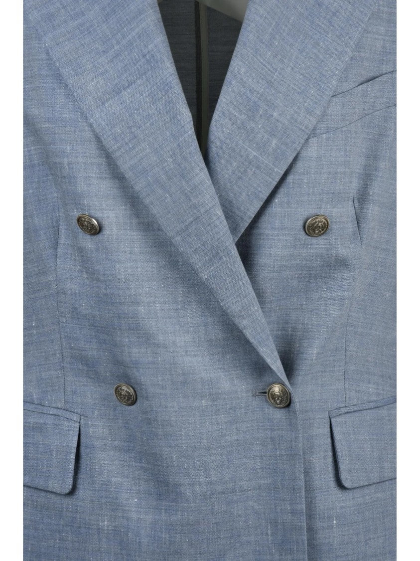 Eleventy Light Blue Double-Breasted Linen Wool Jacket