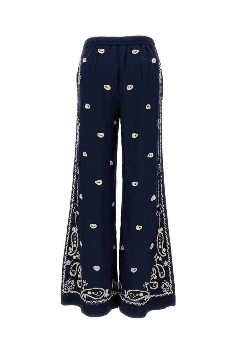 Parosh Embroidered Wide-Leg Linen Trousers With Adjustable Waistband