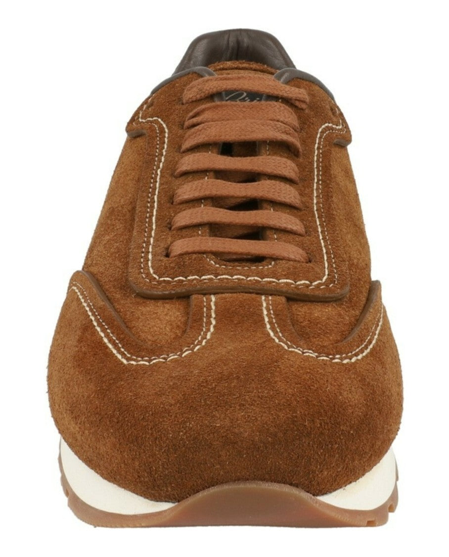 Brioni Brown Suede Runner Sneakers With Lace-Up Closure And Contrast Stitching