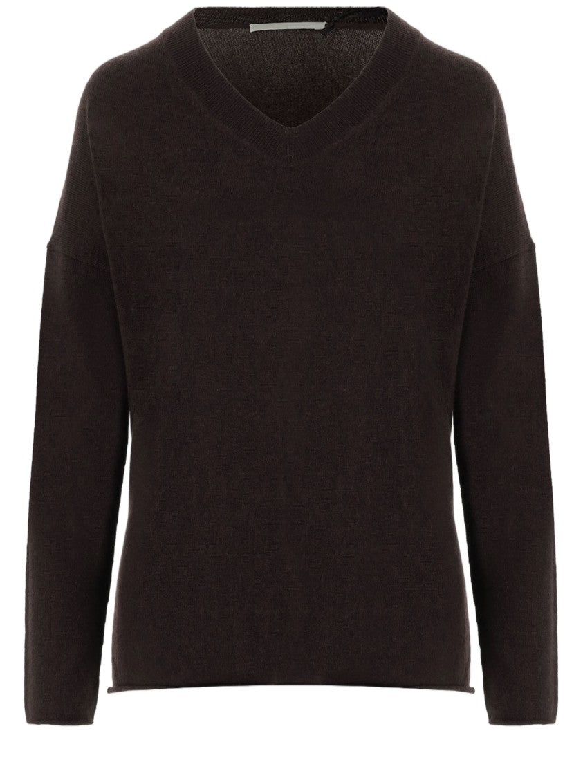 Allude Dark Brown Ribbed V-Neck Cashmere Sweater