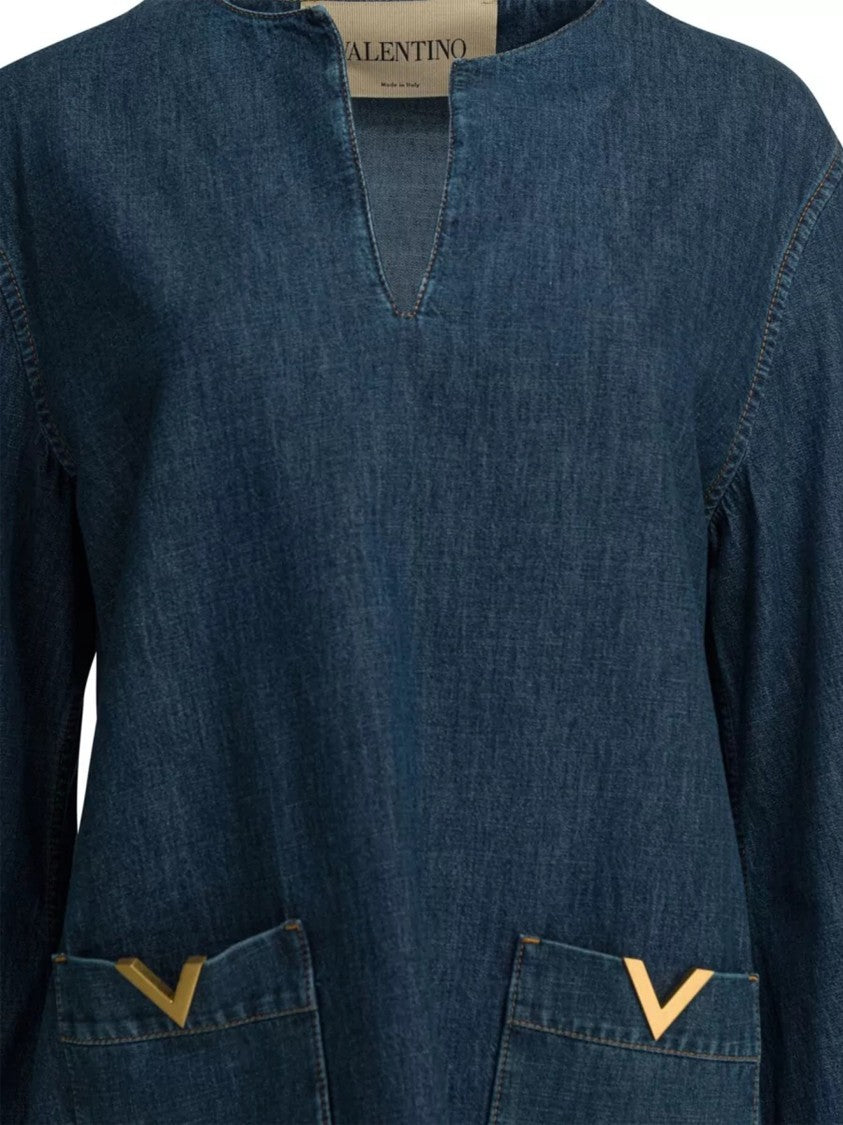 Valentino Indigo V-Notch Neckline Denim Tunic Dress