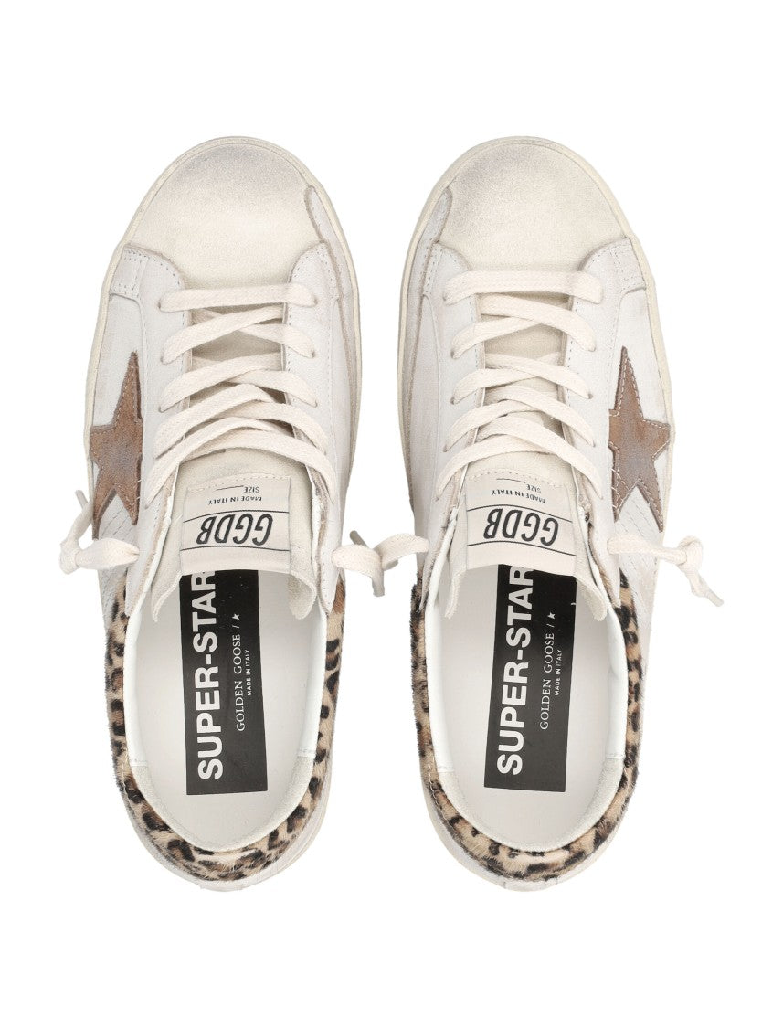 Golden Goose Distressed White Leather Sneakers With Leopard Print Accents