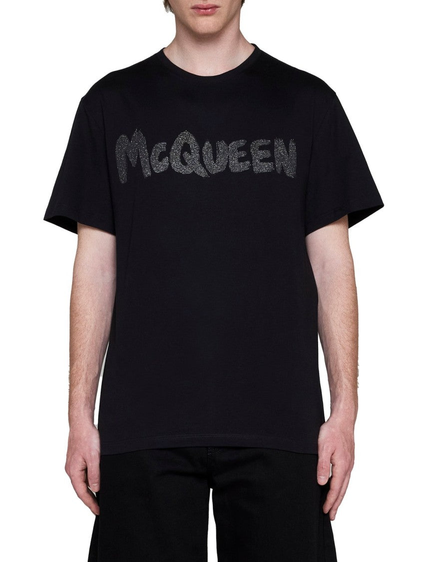 Alexander Mcqueen Distressed Graphic Black T-Shirt With Classic Crew Neckline