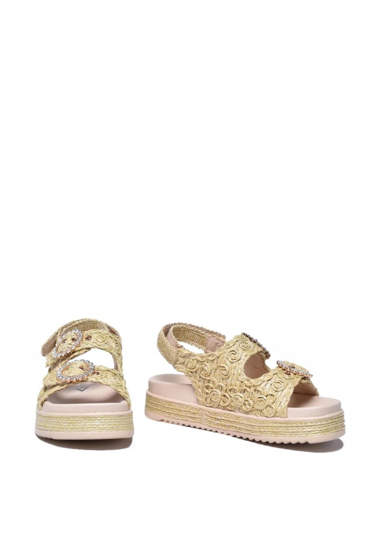 Emanuélle Vee Beige Raffia Rubber Sole Wedge Sandal
