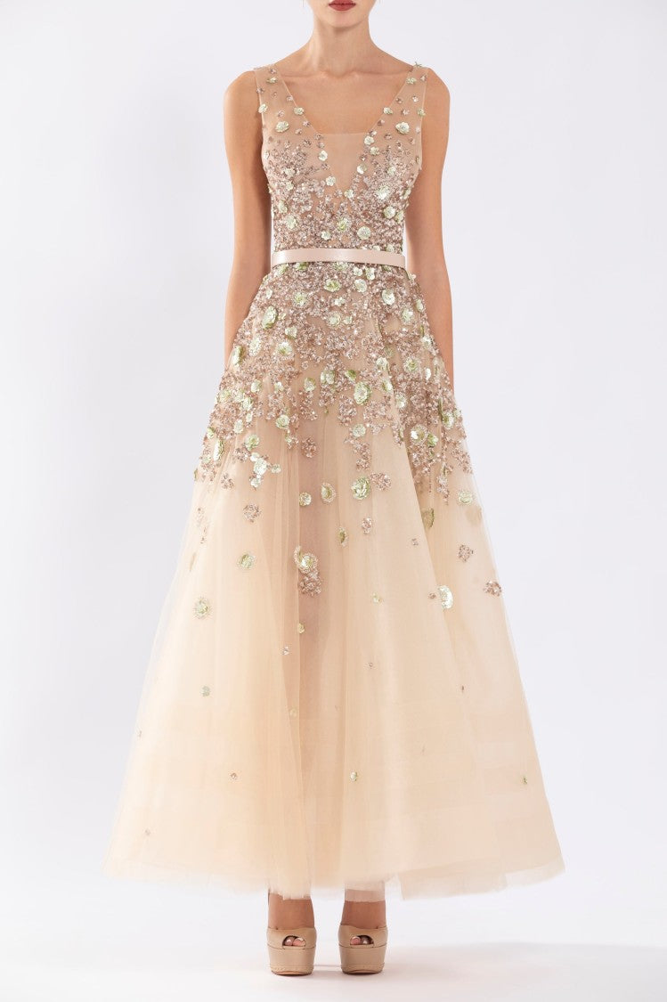 Saiid Kobeisy Tulle, Ankle Length Dress With Dotted Beading