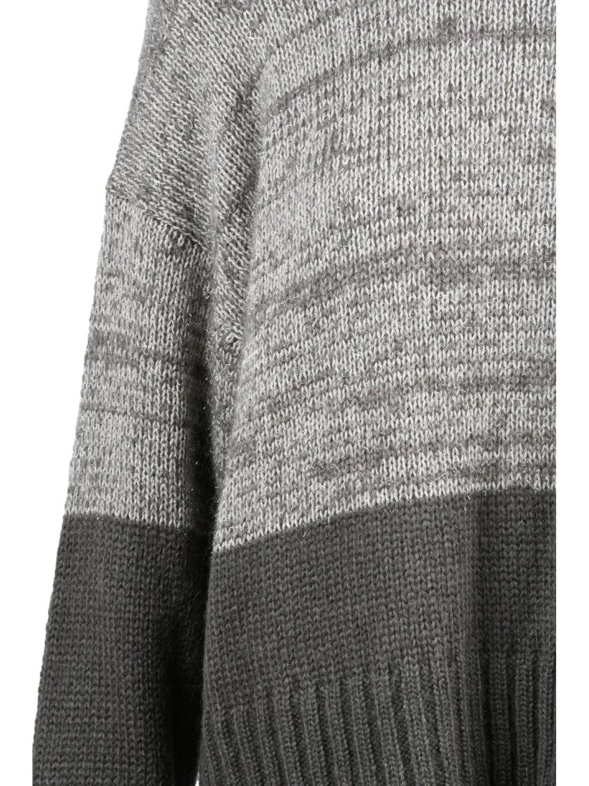 Alpha Studio Crew Neck Lamé Sweater With Two-Tone Knit Design